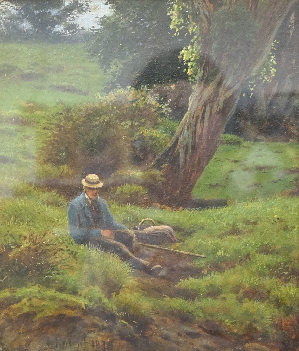 Joseph Knight, oil, landscape with seated figure, signed and dated 1874, 29 x 25cm